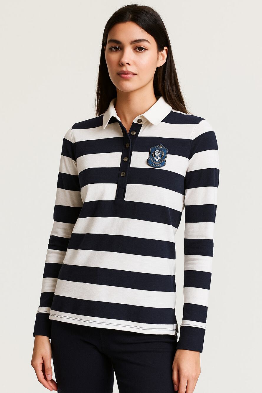 NWT H&M LOGG Rugby Collar Polo Size M Women’s Black Cream Striped Long Sleeve